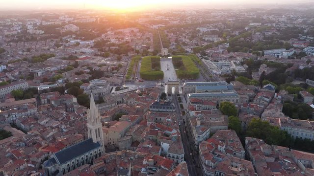 Ecusson Montpellier large aerial view Peyrou park during sunset sainte Anne church plane trees
