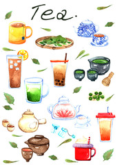 Tea illustration watercolor hand painting  set.