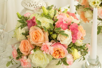 Festive table decoration with flowers at a wedding exhibition