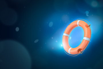 3d rendering of orange life buoy on blue gradient bokeh background with copy space.
