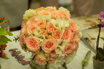 Festive table decoration with flowers at a wedding exhibition