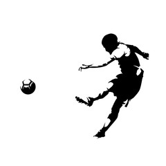 Soccer player kicking ball and scoring goal, abstract ink drawing vector silhouette. Isolated footballer, side view, comic style