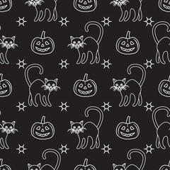Halloween 2019 seamless pattern. Pumpkins, cats.