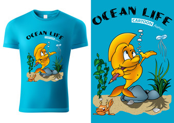 Blue Child T-shirt Design with Golden Fish - Colored Cartoon Illustration with Inscriptions and Underwater Background, Vector