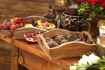 Festive table decoration with flowers at a wedding exhibition