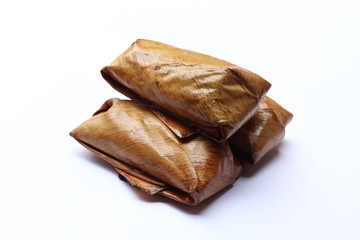 steamed mung bean with sticky rice on white background, thai food
