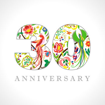 30 years old logotype. 30 th anniversary numbers. Decorative symbol. Age congrats with peacock birds. Isolated abstract graphic design template. Royal colorful digits. Up to 30% percent off discount.
