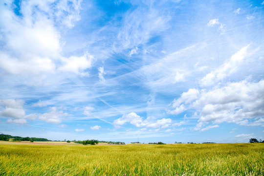 Countryside landscape with a dramatic blue sky