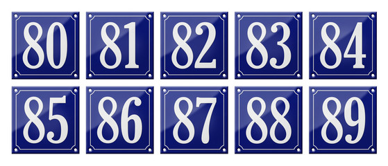 Set of traditional blue enamel signs - Numbers 80- 89