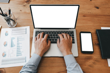 Mockup image of close up business woman working with smartphone laptop and documents in office, mockup concept