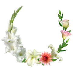 Flowers. Floral background. Eustoma. Pink. Green leaves. Dahlia. White. Red. Lilies. Gladiolus.