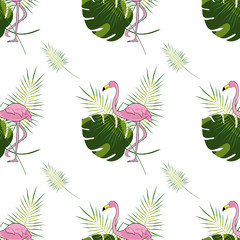 Flamingo bird with tropical plants leaves. Seamless background. Vector illustration.