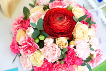 Festive table decoration with flowers at a wedding exhibition