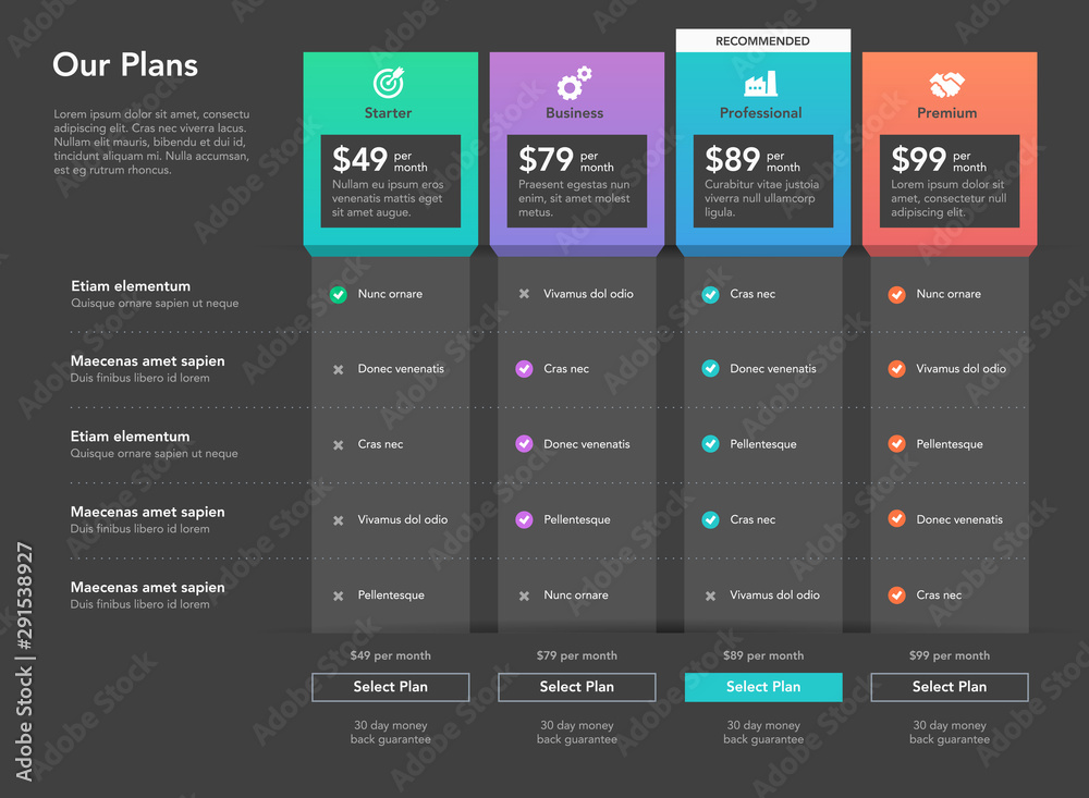 Wall mural Modern price comparison table with description of features for commercial business web services and applications - dark version. Easy to use for your website or presentation.