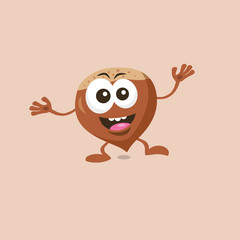 Obraz premium Illustration of cute happy hazelnut mascot with big smile isolated on light background. Flat design style for your mascot branding.