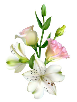 White flowers. Floral background. Green leaves. Eustoma. Lilies.