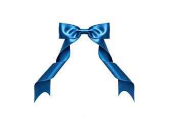 A blue ribbon with a bow on a white.