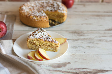Homemade grated apple pie. Dessert ready to eat.