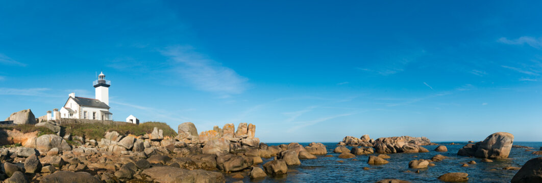 panorama view of the Pontusval lighthouse on the north coast of Brittany in France