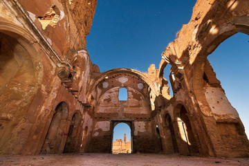 Night scene of Belchite town ruins, destroyed during the spanish civil war, Saragossa, Spain .