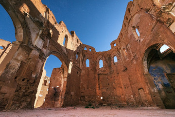 Night scene of Belchite town ruins, destroyed during the spanish civil war, Saragossa, Spain .