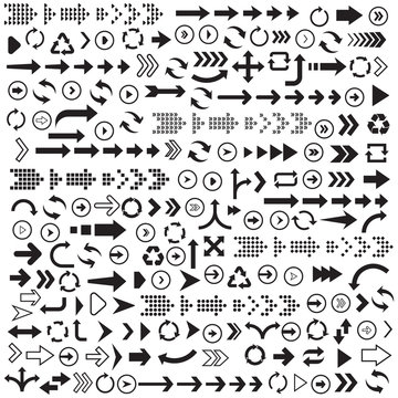 Big set of black arrows on a white background