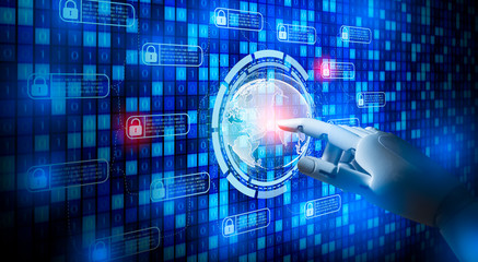 Robot android hand touchscreen blockchain network.Protection from virus.spam protection hacking. hacking bot protection.