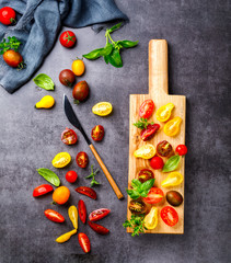 Cherry tomatoes. Summer variety of healthy vegetable colors. Food for Vegetarian.Copy space for Text