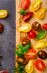 Cherry tomatoes. Summer variety of healthy vegetable colors. Food for Vegetarian.