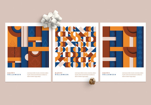 Geometric Autumn and Halloween Greeting Card Layout Set