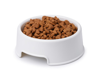 Plastic bowl of dry pet food