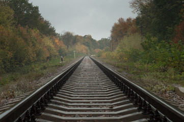 Fototapeta premium Autumn railway. Rails extending into the distance. prospect of estrangement