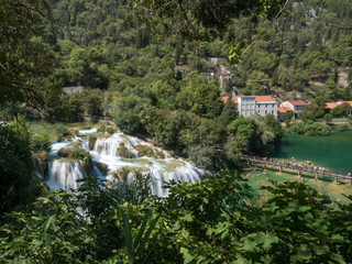 Fototapeta na wymiar Croatia, Europe, august 2019: Beautiful Skradinski Buk Waterfall In Krka National Park - Dalmatia