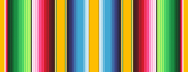 Yellow Blue Green Red Mexican Blanket Serape Stripes Seamless Vector Pattern. Rug Texture with Threads. Background for Cinco de Mayo or Mexican Food Restaurant Menu. Pattern Tile Swatch Included. - 291547184