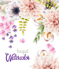 Watercolor flowers and leaves bouquet background vector. Wedding greeting card