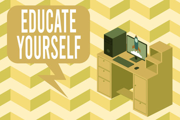 Naklejka premium Writing note showing Educate Yourself. Business concept for prepare oneself or someone in a particular area or subject Desktop station drawers personal computer launching rocket