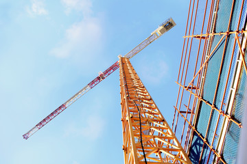 Fototapeta premium Construction - A large crane reaches for the sky
