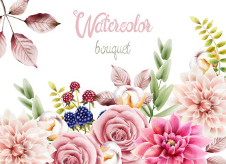 Watercolor flowers and leaves bouquet background vector. Wedding greeting card