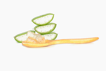 Aloe vera sliced and spoon isolated on white background copy space