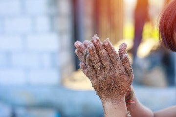 Dirty hands of children, muddy hands, children with nature