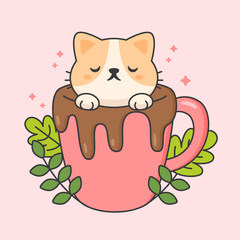 Vector character of cute cat in a cup of chocolate