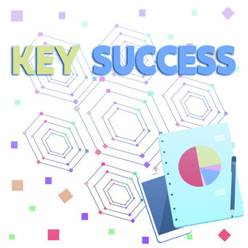 Word writing text Key Success. Business photo showcasing generally three to five areas that company may focus on Layout Smartphone Off Ballpoint Pen RingBound Notepad Business Pie Chart