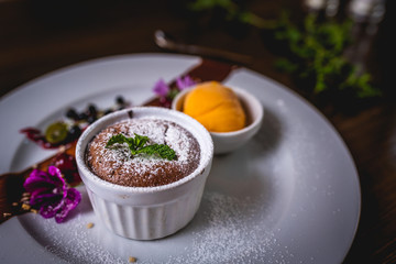 Chocolate souffle and ice cream
