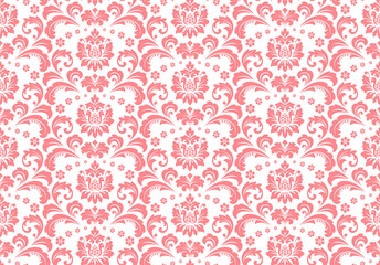 Wallpaper in the style of Baroque. Seamless vector background. White and pink floral ornament. Graphic pattern for fabric, wallpaper, packaging. Ornate Damask flower ornament