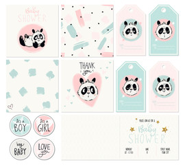 Happy birthday, baby shower for newborn celebration greeting and invitation card or note, stickers and patterns. Vector illustrations with cute panda emotions, hearts, stars. For girls and boys