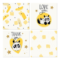 Happy birthday, baby shower for newborn celebration greeting and invitation cards, seamless patterns with cute panda emotions. Vector illustrations. Love you, Thank you lettering