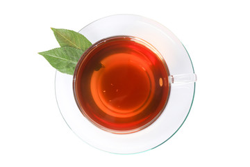 Cup of tea and leaves isolated on white background