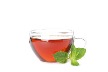 Cup of tea and mint leaf isolated on white background