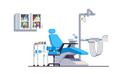 Dental unit with adjustable chair, sink and lamp