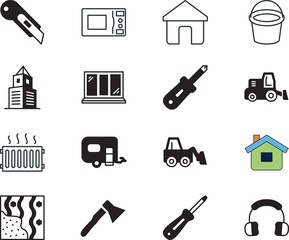 home vector icon set such as: vintage, room, stove, vehicle, oven, decoration, portable, listen, kitchenware, cold, earphone, temperature, frame, janitor, abstract, ship, cutter, music, bucketful
